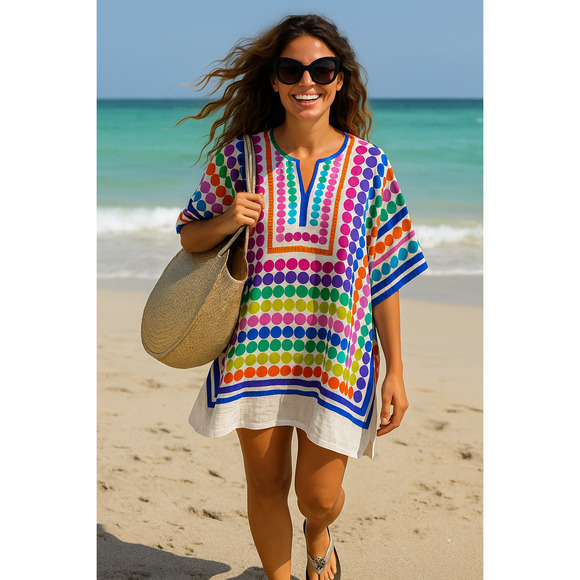 Vilagallo Rainbow Polkadot Tunic Dress Cotton Boho Spain Resortwear Summer Vacay - Picture 1 of 16